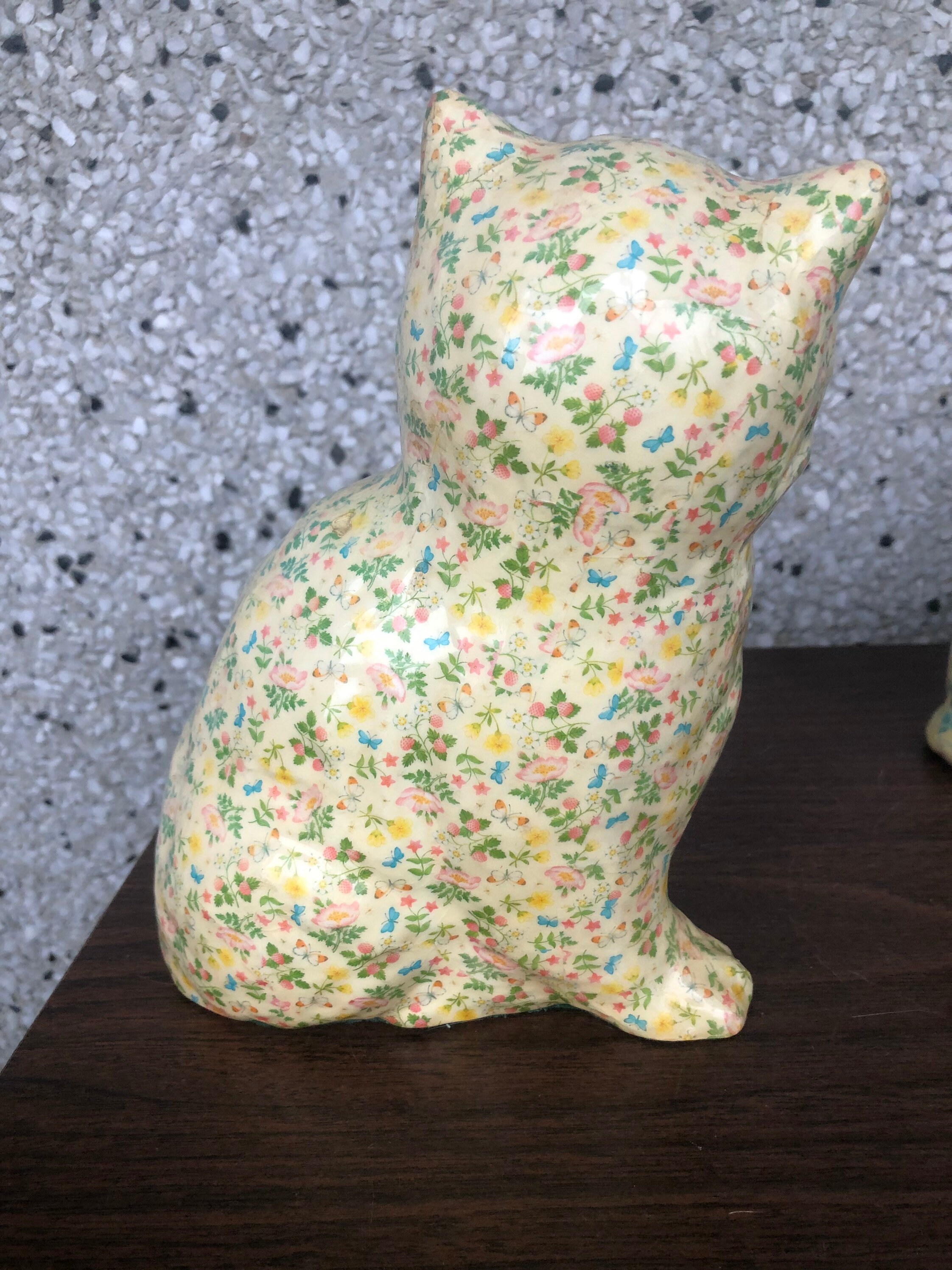 Vintage Large Decoupage Cat Figurine With Floral Design Etsy