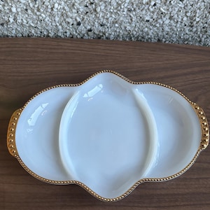 vintage fire king milk glass gold rimmed platter