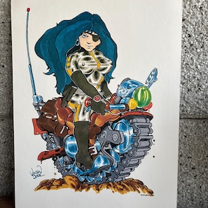May include: Illustration of a woman with blue hair and an eyepatch riding a futuristic motorcycle. The artwork is in a comic book style, with bold lines and bright colors. The motorcycle has a tank-like tread and a large antenna.