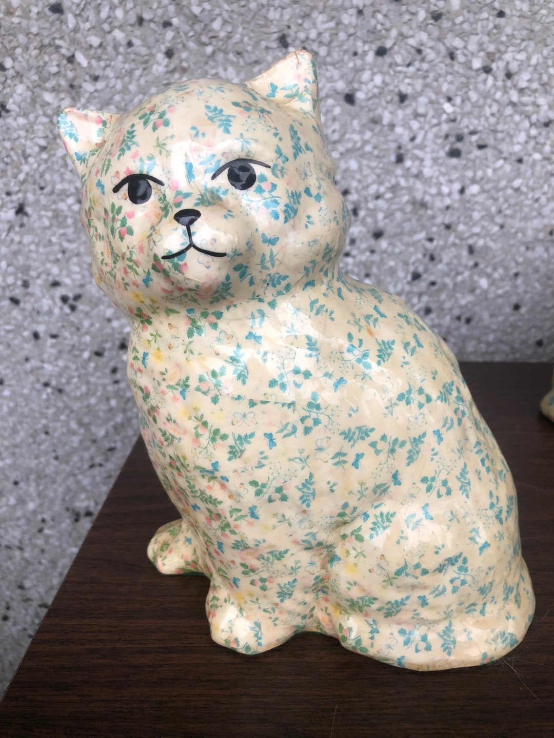 Vintage Large Decoupage Cat Figurine With Floral Design Etsy