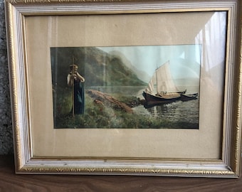 Vintage Print  HANS DAHL - Watercolor - Behind The Sail - Matted Framed