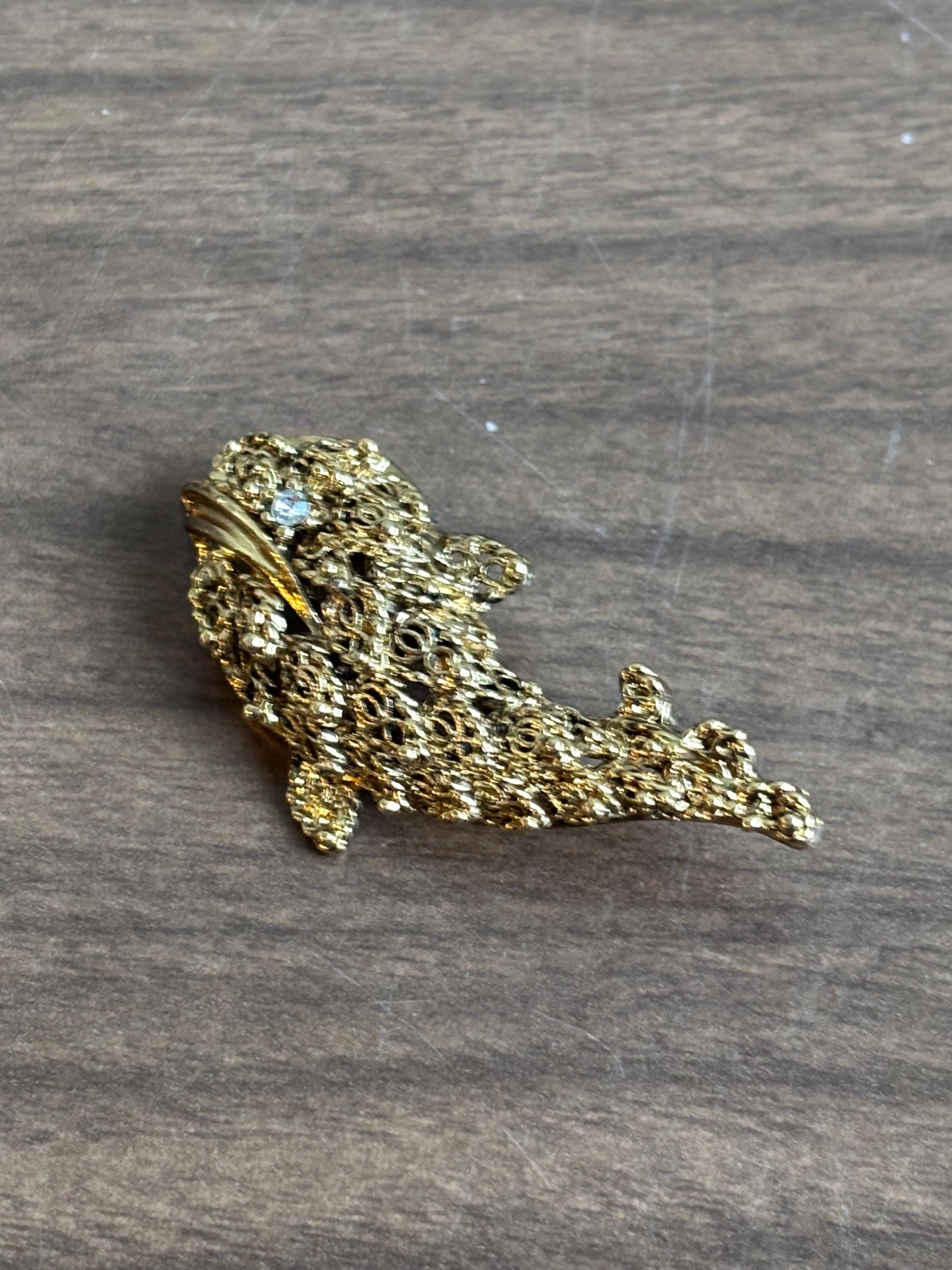 Broche Baleine En Or Avec Perle Et Strass Signée Erwin Pearl - Bleu Et Clair, Occasion