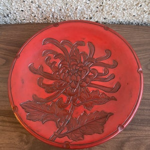 Vintage Asian floral red lacquer ware plate stand