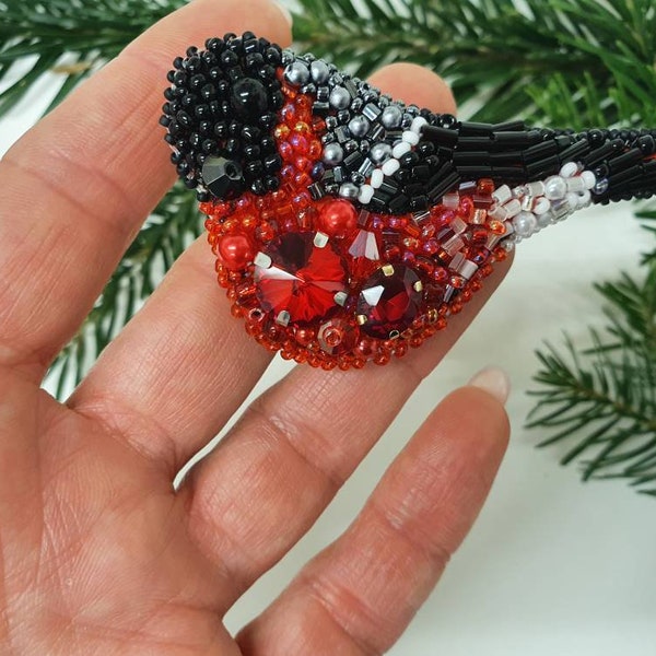 Gimpel , Weihnachtsbrosche , brosche Vogel rot , brosche Vogel gelb