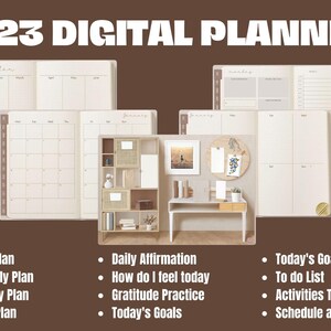 May include: A digital planner for 2023 with 720 pages. The planner includes sections for year, month, week, and daily planning. It also includes sections for daily affirmations, gratitude practice, and goal setting. The planner is designed to help you stay organized and on track with your goals.