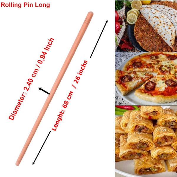 Thin Rolling Pin,  Long 26 inch /0.94-inch Oklava (68 cm / 2,40 cm), Turkish Oklava, Rolling Pin,  hand dough rolling, Rolling Pin Long