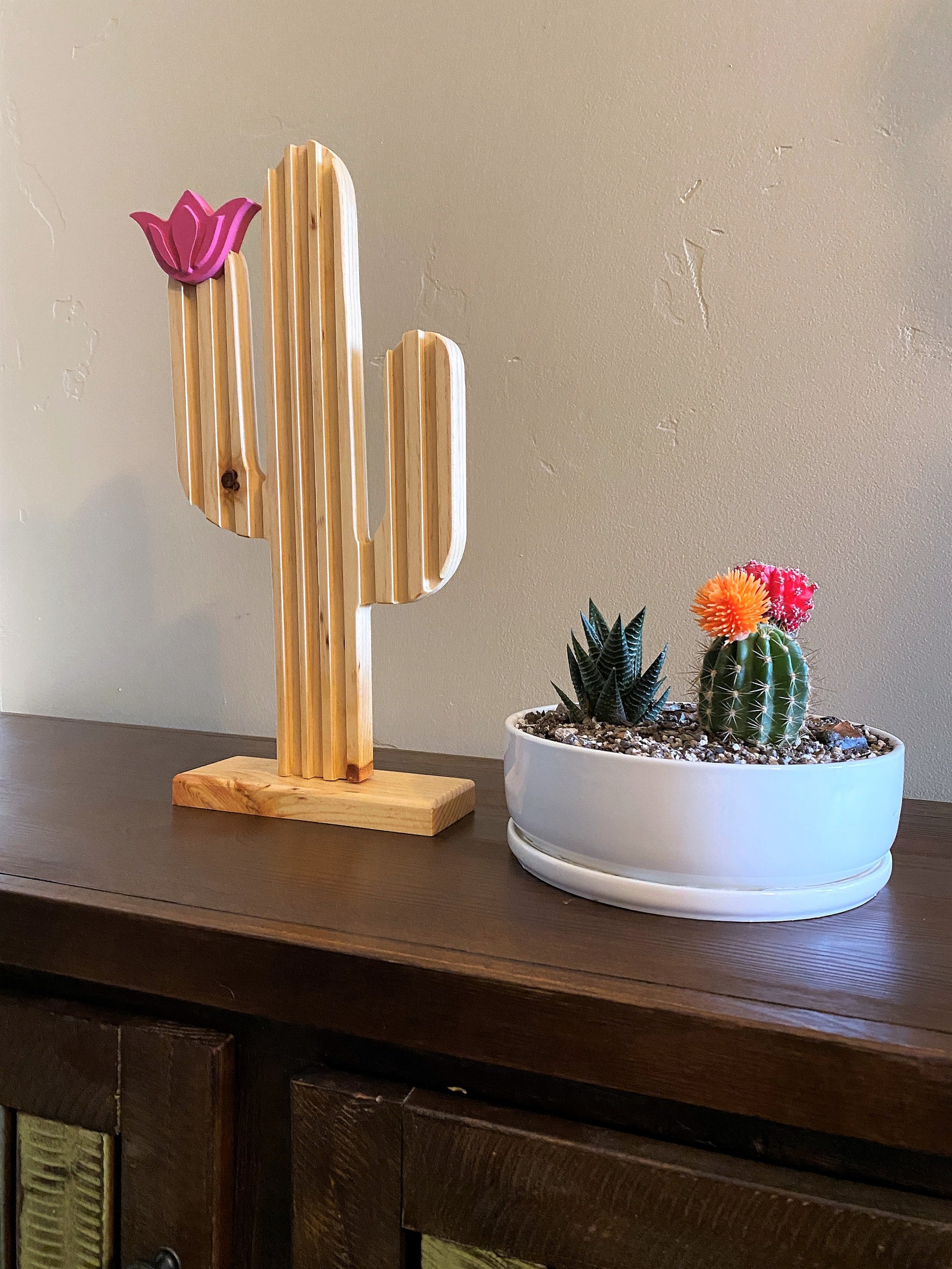 Cactus decor wood Cactus with flower Desert decor shelf Etsy