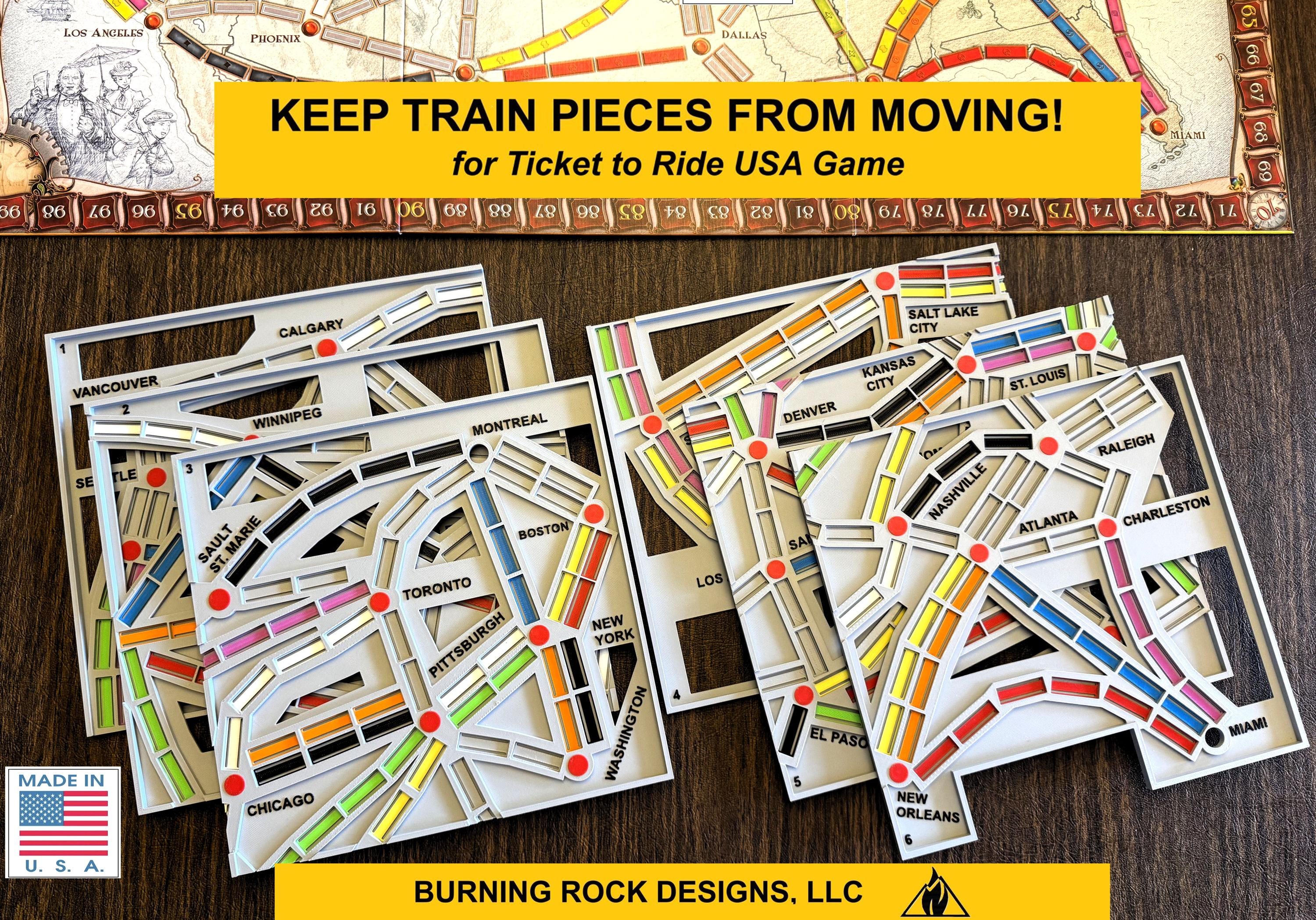 Ticket to Ride USA Overlay, Train Pieces STAY PUT with Set of 6 "Magnetic" Panels with Individual Train Piece Slots!  (Unofficial Accessory)