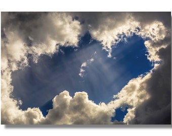 Photo of deep blue sky and sunny rays, Dramatic sky, Large photo prints, Fine art photography prints, Clouds photo, Heaven, Clouds art