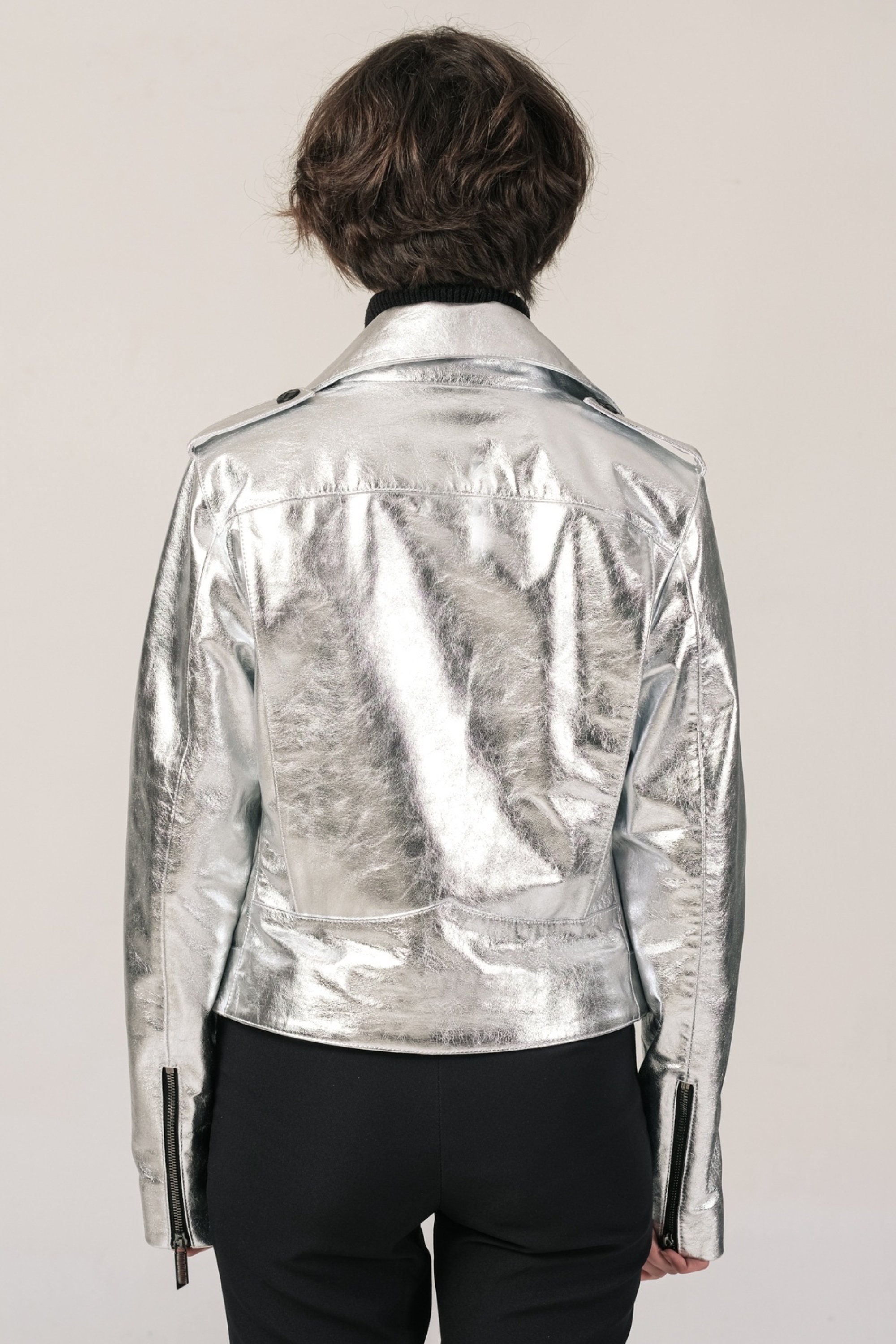 Metalic Silver Stylish Women Genuine Leather Biker Jacket Etsy