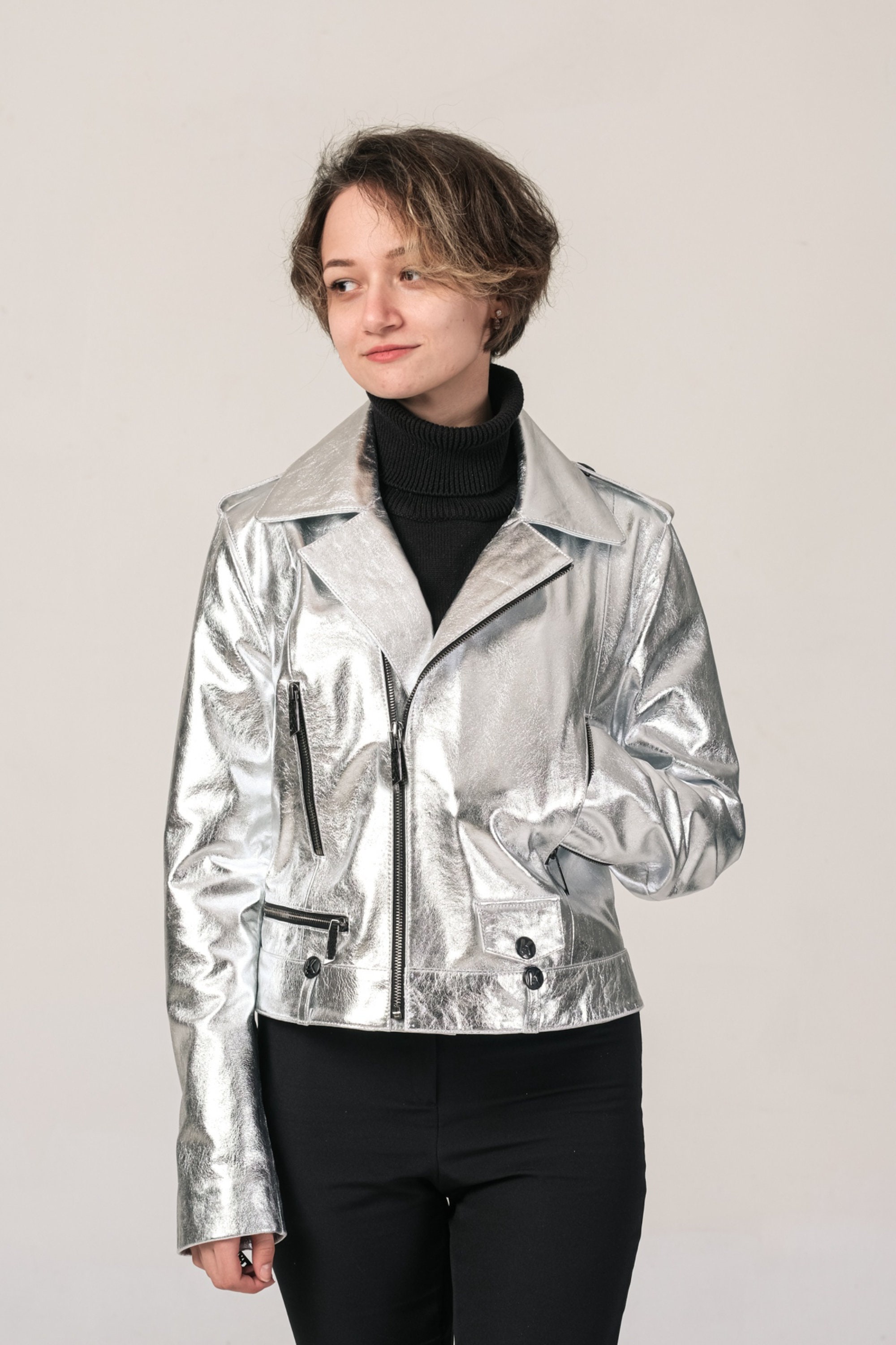 Metalic Silver Stylish Women Genuine Leather Biker Jacket Etsy