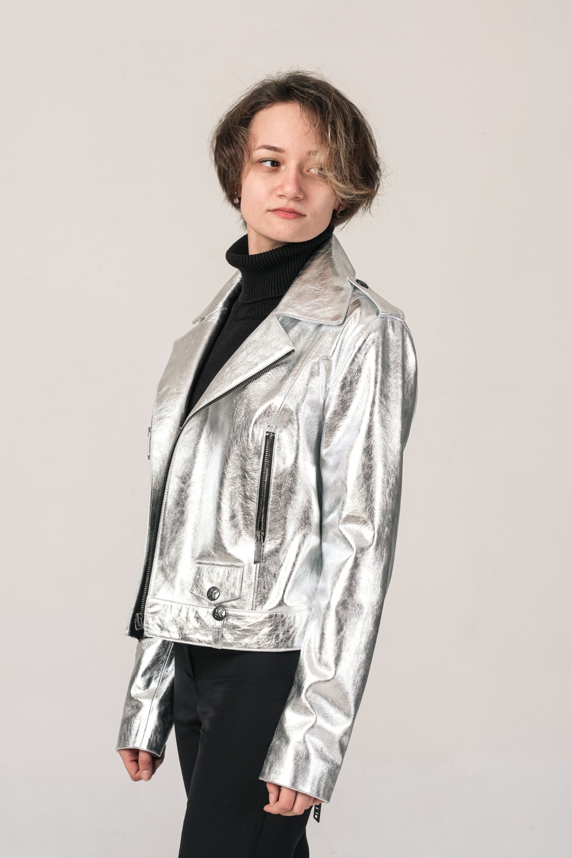Metalic Silver Stylish Women Genuine Leather Biker Jacket Etsy