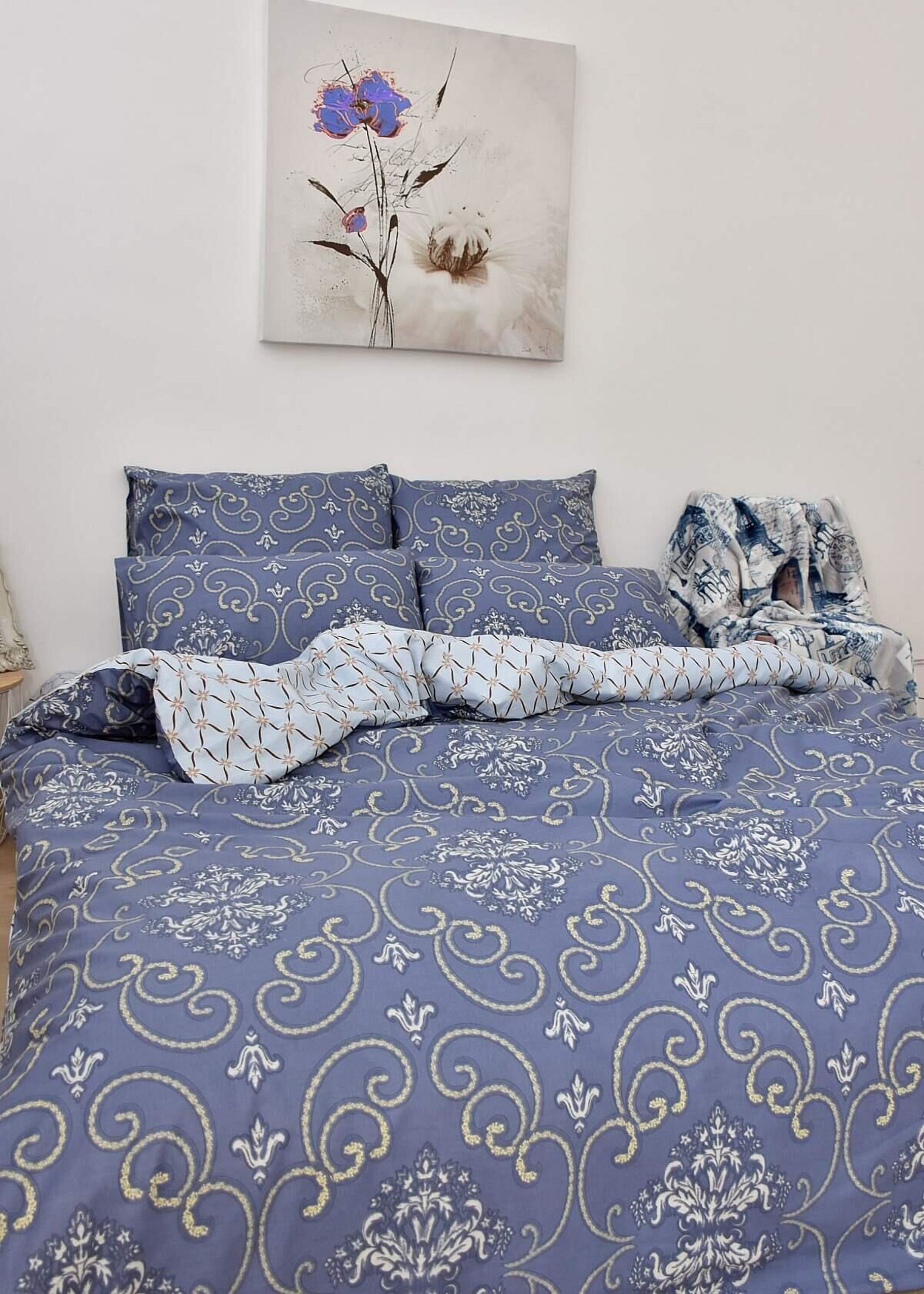 Gotische Bettwäsche Set Schwarz Blau - Viktorianisch Damast Design 135x200cm