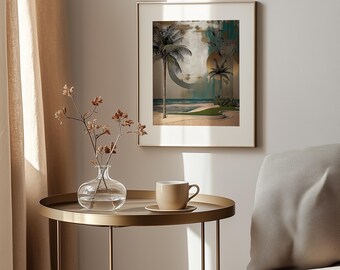 Retro Tropical Seascape Art Print – Palm Trees, Beachy Sunset (Digital Download)