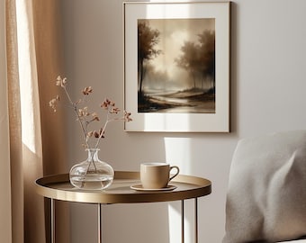 Vintage Sepia Landscape Print – Rustic Misty Trees Art (Digital Download)