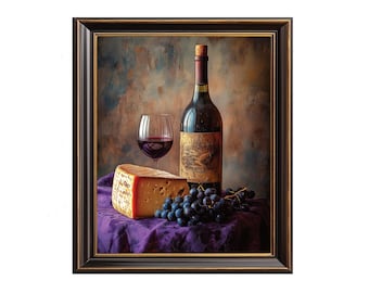 Vintage Moody Wine Still Life Painting - Printable Kitchen Wall Art, Rustic Wine & Cheese Scene, Dining Room Decor, Instant Download 187