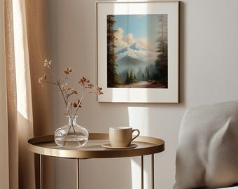 Montagna innevata d'epoca in un paesaggio sereno - Arte murale invernale rustica, accogliente scena di montagna, dipinto stampabile, download immediato 170