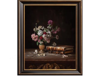 Moody Vase of Mixed Flowers with Antique Books - Vintage Still-Life Classic Art, Dark Academia Style Printable Decor, Digital Download 204
