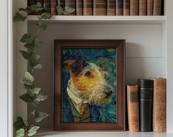 Printable Canine Van Gogh Style Art. Dog in Shirt and Tie, Post-Impressionist Moody Pet Painting Art Download 216