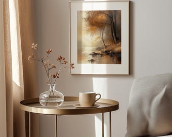 Albero autunnale di Riverside stampabile - Paesaggio rustico malinconico, caldo fogliame dorato, accogliente arredamento cottagecore, morbido impressionismo digitale 161