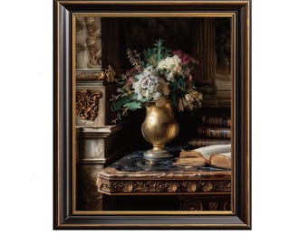 Vintage Floral Still Life - Classical Baroque Bouquet Art, Moody Elegant Decor, Lush Garden Blooms Printable, Digital Download 208