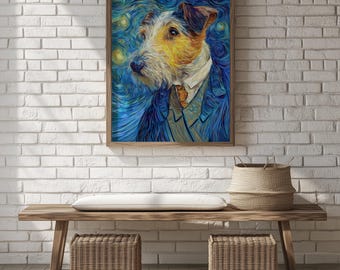 Printable Terrier Dog Portrait - Van Gogh Style Art, Charming Pet in Suit, Classic Canine Painting,  219
