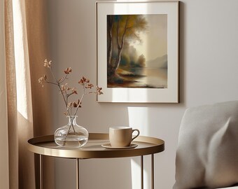 Paesaggio fluviale d'epoca - Dipinto sereno e malinconico, classica arte murale terrosa con alberi alti e ruscello nebbioso, download digitale stampabile 163