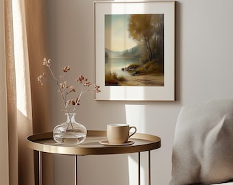 Lámina vintage de paisaje lacustre: Árboles dorados y agua brumosa (descarga digital)