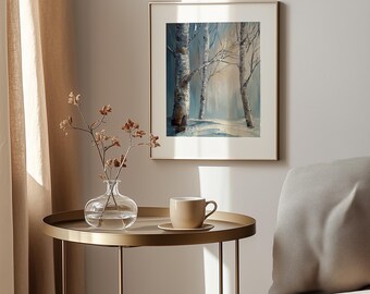 Winter Birch Forest Painting, Snowy Landscape Art (Digital Download)