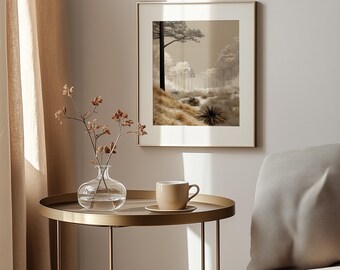 Papier peint numérique arbres neutres - art du paysage minimaliste de mauvaise humeur, scène de forêt moderne calme, art mural imprimable 3D confortable à télécharger 175