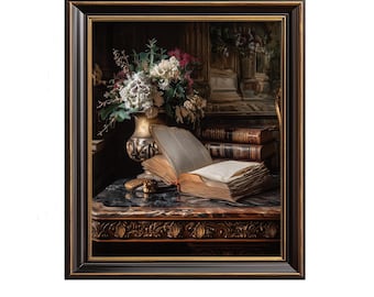 Moody Vintage Vanitas Still Life - Printable Skull with Books, Baroque Floral Art, Dramatic Dark Wall Decor, Realistic Digital Download 203