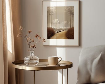 Art mural rustique chemin forestier - scène boisée tranquille avec des arbres blancs, décoration neutre de mauvaise humeur, paysage confortable imprimable en téléchargement numérique 173