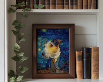 Vintage Terrier Dog Portrait, Van Gogh Style Art, Post-Impressionist Starry Sky, Cozy Wall Decor, Printable Download 218