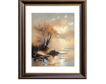 Printable Autumn Tree on Lakeshore - Rustic Moody Landscape Art, Vintage Impressionist Style, Fall Wall Decor, Digital Download 190