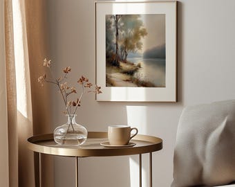 Impresión vintage de paisaje junto al lago: Reflejos de agua brumosa (descarga digital)