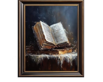Moody Antique Book Still-Life Painting - Cozy Vintage Library Scene, Rustic Cottagecore Decor, Dramatic Lighting, Printable Art Download 195