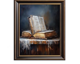 Vintage Antique Book Still Life - Moody Dark Academia Decor, Cozy Scholar Room Art, Textured Printable Wall Art, Digital Painting 199