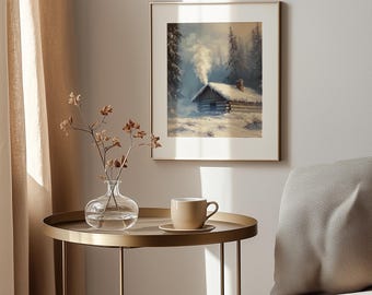 Winter Cabin Watercolor Print – Snowy Woodland Cottagecore (Digital Download)