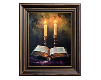 Spooky Vintage Book & Candle Art - Moody Witchy Scene with Brass Candlesticks, Cozy Candlelight, Dark Atmospheric Digital Illustration 194