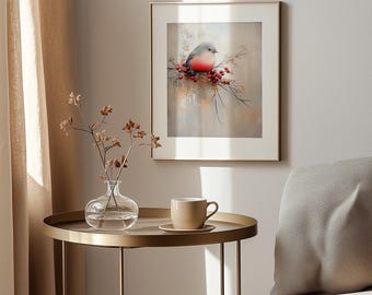 Cottagecore Robin Watercolor Art Print, Songbird on Branch (Digital Download)