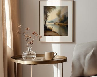 Cuadro de paisaje fluvial melancólico: Escena de río vintage (Decoración de pared imprimible)