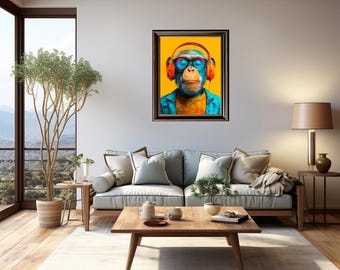 Retro Pop-Art Monkey Portrait - Colorful Chimp with Headphones, Funky Digital Artwork, Modern Printable Decor