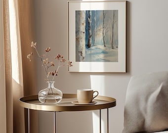 Minimalist Snowy Birch Forest Print – Scandinavian Winter Landscape (Digital Download)