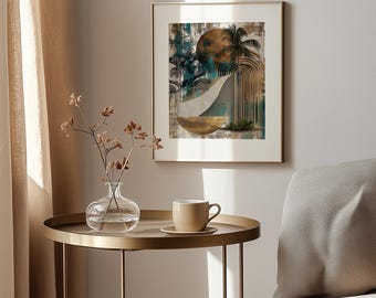 Coastal Boho Moon Sun Art, Palm Tree Print (Digital Download)