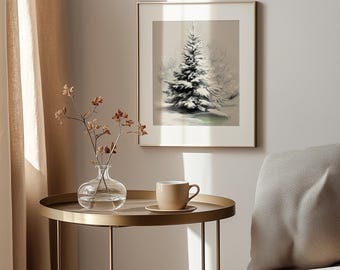 Snowy Evergreen Tree Print – Rustic Winter Pencil Landscape (Digital Download)
