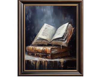 Vintage Books Still-Life Painting - Scholarly Rustic Art, Moody Book Stack, Cozy Library Decor, Printable Art, Digital Download 191