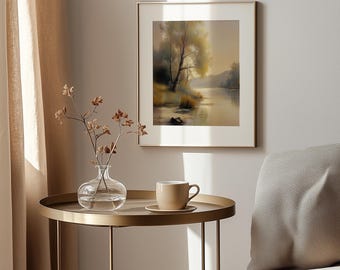 Cuadro vintage de ribera: Árbol solitario, paisaje pastoral (descarga digital)