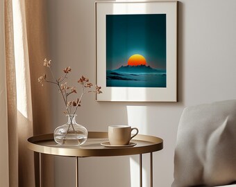 Abstract Desert Moonrise Art, Retro Teal & Orange Print (Digital Download)