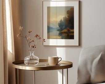 Pintura vintage de paisaje junto al lago: arte mural sereno y melancólico (descarga digital)