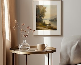 Vintage Lakeside Painting – Tranquil River Scene, Rustic Wall Art (Digital Download)